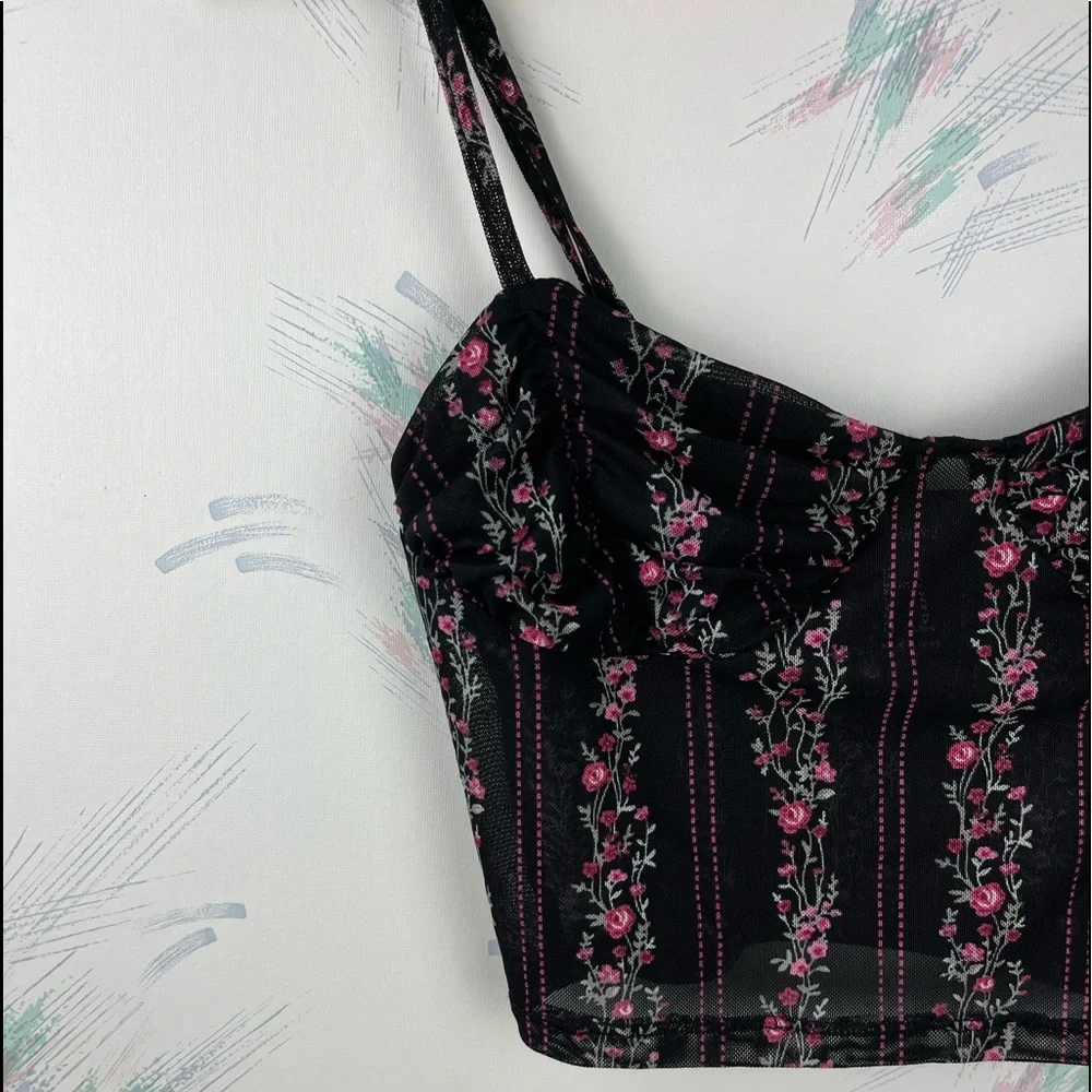 Forever 21 Black Pink Floral Print Cropped Bra Top - Picture 2 of 8